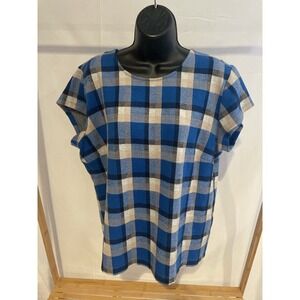 Ann Taylor Shirt Women Size XL‎ Blue Black Short Sleeve Keyhole Thick Cotton